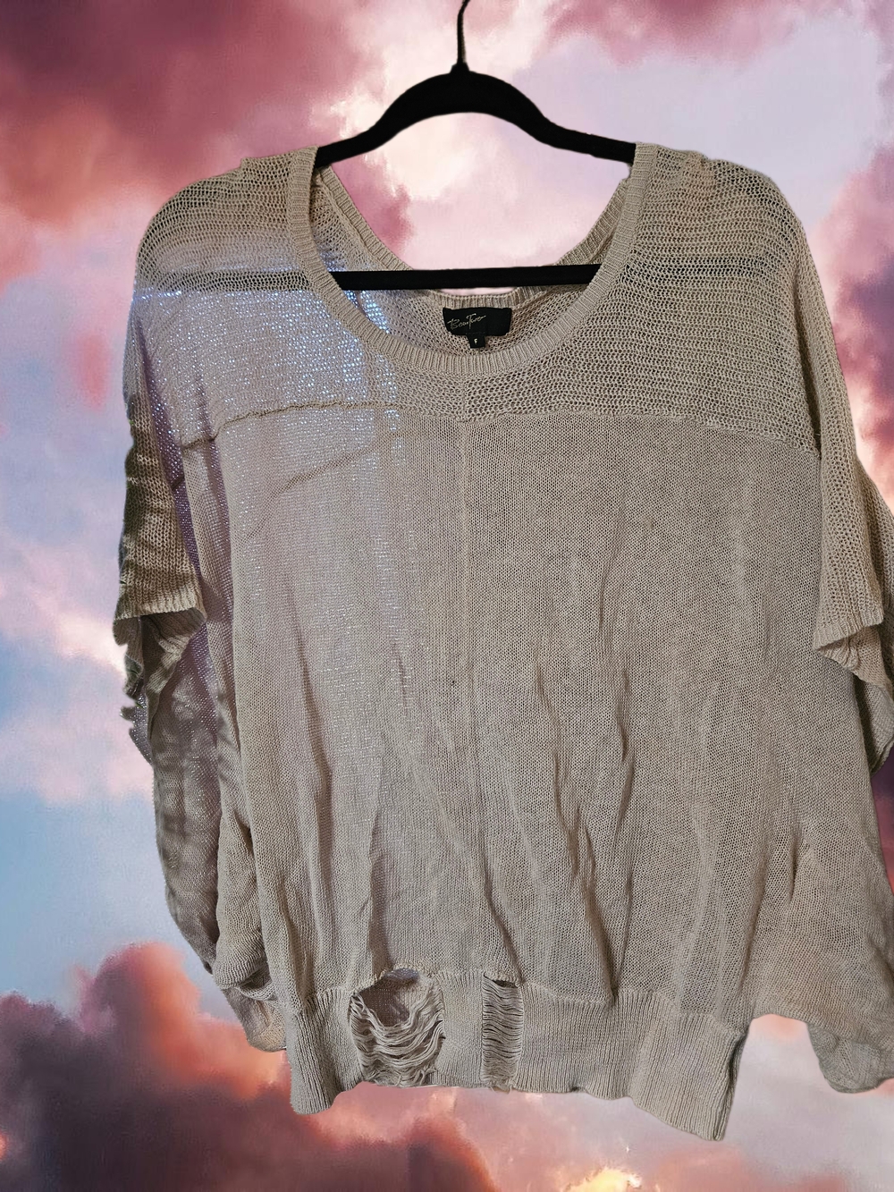 Women's Light Taupe Open-Weave Crewneck Sweater